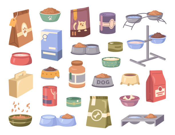 猫粮和狗粮。卡通宠物饲料容器或包装。矢量说明零食包装和碗集。饲养盘、兽药保健品、家畜营养食品图片下载