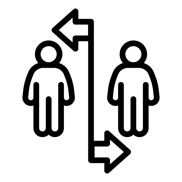 两个人用直线和箭头分开的直线图标，社会距离概念，疾病预防标志在白色背景上，两个人之间的箭头图标在轮廓风格。图片下载