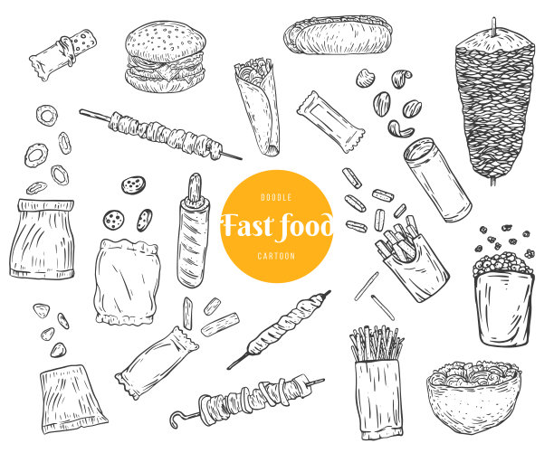 集手绘快餐和零食在单色涂鸦风格。收集复古设计元素。烤肉串、热狗、汉堡包、羊肉串、薯片、炸薯条、饼干、洋葱圈。矢量插图。图片下载