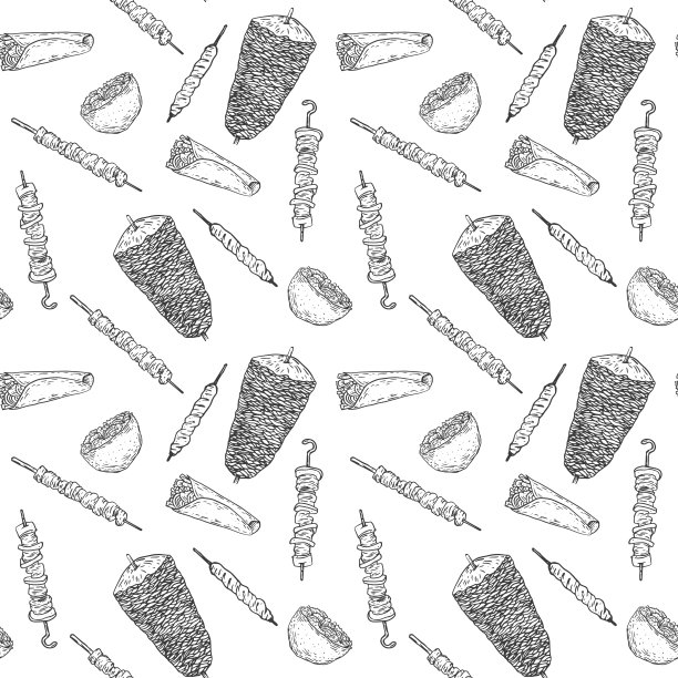 快餐无缝图案与沙瓦玛，烤肉串在复古手绘风格。雕刻平面设计的菜单，横幅，封面。矢量复古背景。图片下载