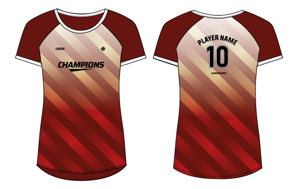 女子运动球衣t恤设计概念插图，抽象条纹图案圆领t恤的女孩和女子排球球衣，足球，羽毛球，足球，无板篮球。运动制服套装图片下载