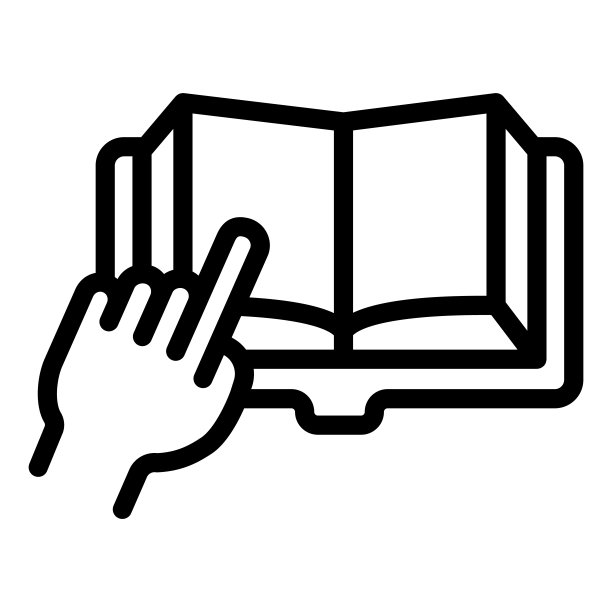 打开书的手指向线图标，教育理念，手指指向书的白色背景，手指指向书的图标轮廓风格。矢量图形。图片下载