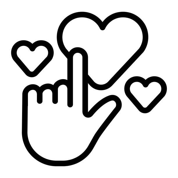 指针和心线图标，关怀概念，白底手和心标志，手和心图标在轮廓风格的移动概念网页设计。矢量图形。图片下载