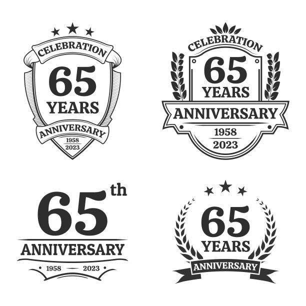 65周年纪念图标或标识套装：复古生日banner设计，65周年庆典徽章或标签合集，矢量图图片下载