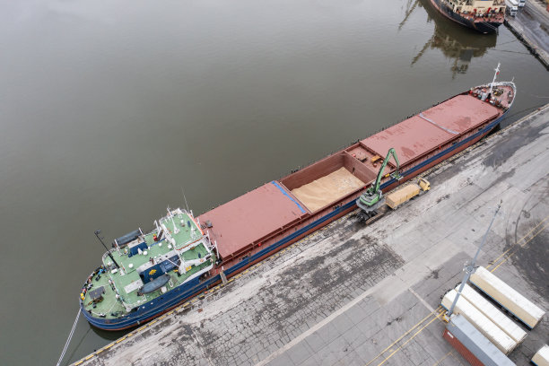 一艘大货船卸载谷物的鸟瞰图。图片下载