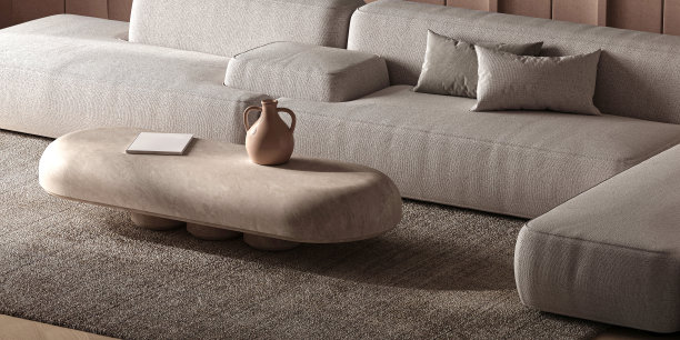 现代波西米亚风格的室内构图，配有大型模块化沙发、书籍和石桌。3 d渲染。高质量3d插图图片下载