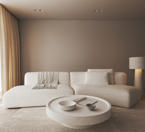 创意现代极简的深色室内客厅，温暖的照明，石圆桌和大白色灯。前视图。3d渲染模型。高质量3d插图图片下载