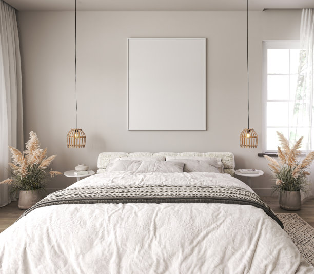 浅色家居内墙模拟与白色床和干植物在沿海卧室。空相框模型。前面有空闲空间。3 d渲染。高质量3d插图图片下载