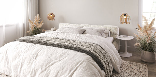 斯堪的纳维亚农舍卧室内部。墙模型。床上有浅色的白色被褥。干燥的植物。3 d渲染。高质量3d插图图片下载