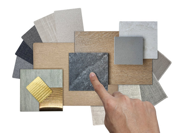 建筑师选择工业室内材料样本，包括不锈钢，铜铝，石砖，木饰面，石英，织物三聚氰胺，窗帘隔离在背景与剪裁路径。图片下载