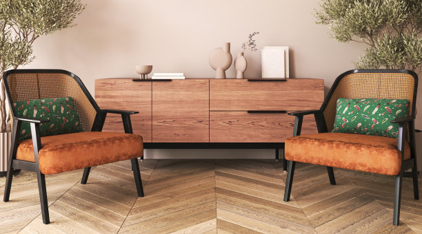 温暖的中性内墙模型在柔软的最小客厅与明亮的橙色斯堪的纳维亚扶手椅。空墙模型。木制的橱柜和绿色的树木。3 d渲染。高质量3d插图图片下载