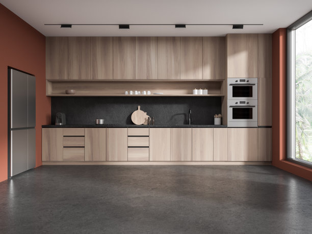 红色的厨房内部有橱柜和冰箱图片下载