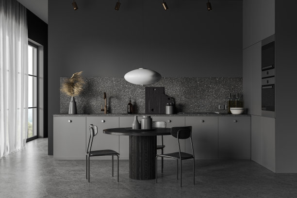 灰色的厨房内部有灰色的橱柜和桌子图片下载