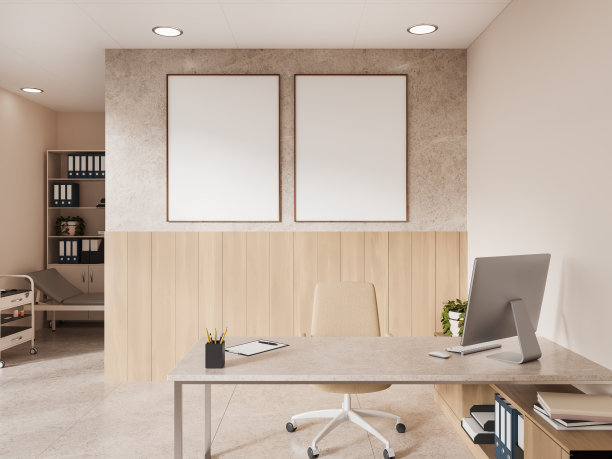 米色诊所内部医生咨询室配有电脑和模拟框架图片下载