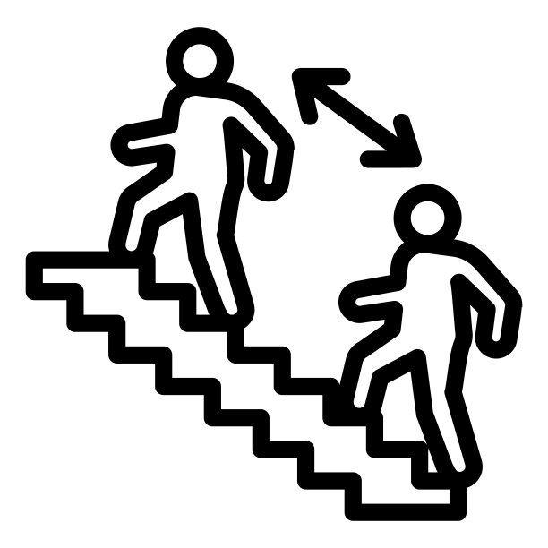 楼梯线条上的两人距离图标，社交距离概念，白色背景的公共场所预防标志，楼梯上的男子保持轮廓风格。向量。图片下载