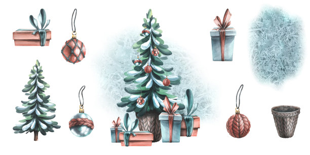 冬天，新年设置有圣诞树，礼物和针织球。水彩插图，手绘贴纸，卡片，邀请，海报。白色背景上的孤立物体。图片下载