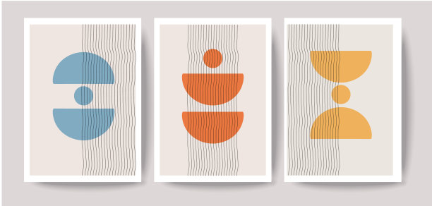 中世纪现代艺术，三件套，中性墙艺术，最小的半圆元素。几何有机平衡形状图片下载