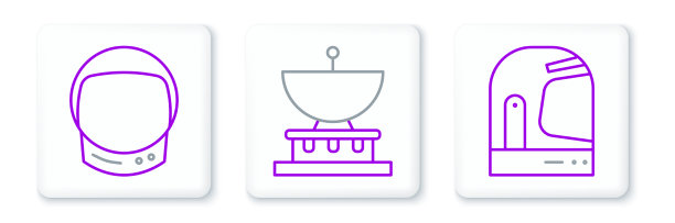 设置线宇航员头盔和行星土星图标图片下载