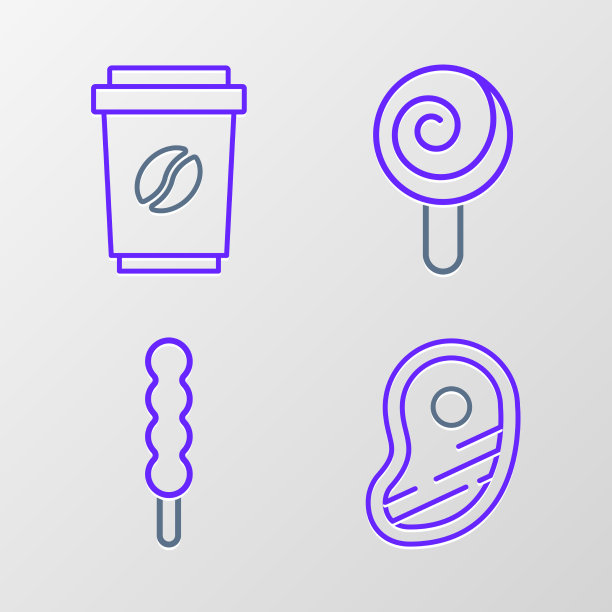 设线牛排肉棒棒糖和咖啡杯图片下载