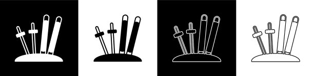 设置滑雪和棍棒图标孤立在黑色和图片下载