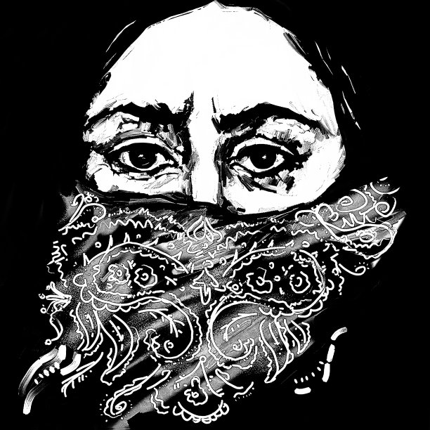 时尚的插图现代艺术作品我的原始黑白图形黑色墨水在白纸上的一个年长的亚洲妇女与黑眼睛和长长的黑色头发覆盖她的脸与paranja肖像图片下载