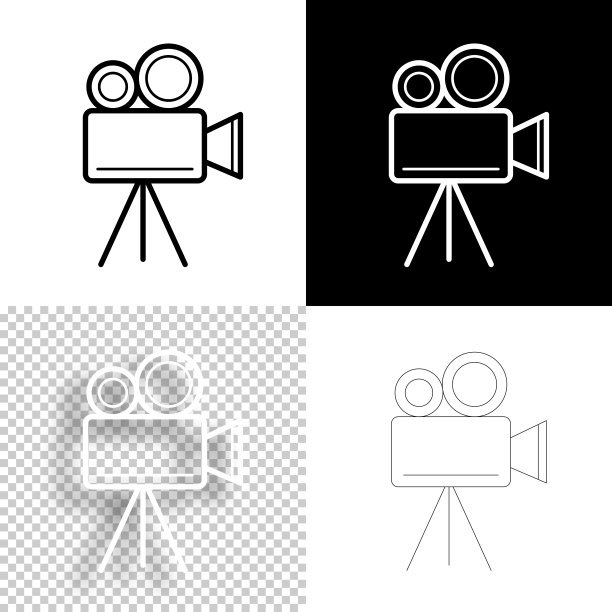 带三脚架的电影摄影机。图标设计。空白，白色和黑色背景-线图标图片下载