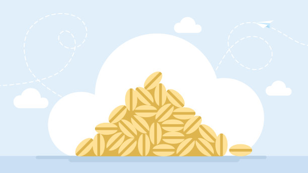 一堆谷物。金色的小麦。谷物植物和谷物，黑麦和小麦穗。食品包装设计模板，食品。平坦的插图。图片下载