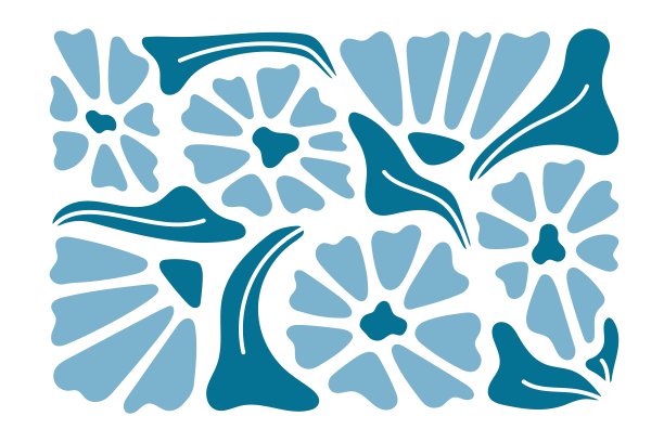 蓝色的马蒂斯花。花卉图案，精致的雏菊，康乃馨，浅蓝色时髦的叶子和复杂的弯曲的树枝。简单的涂鸦靛蓝叶风格。矢量平面现代插图图片下载