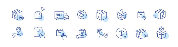 一组交付相关的图标。免费退货，地址，非接触式送货，24小时服务等。像素完美的图标图片下载