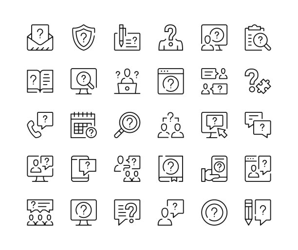 图标的问题。矢量线图标集。帮助，解决问题，解决方案，客户支持的概念。黑色轮廓笔画符号图片下载