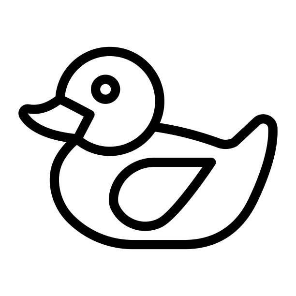 沐浴鸭线图标，儿童玩具概念，橡胶鸭标志在白色背景，橡胶玩具为沐浴图标在轮廓风格移动概念网页设计。矢量图形。图片下载