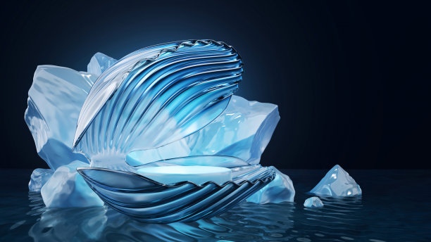 平台讲台珍珠贝壳粉色牡蛎玻璃或水晶天然冰，蓝色冰山在海洋北极或水与涟漪展示广告豪华展台化妆品，美容产品。3 d演示。图片下载