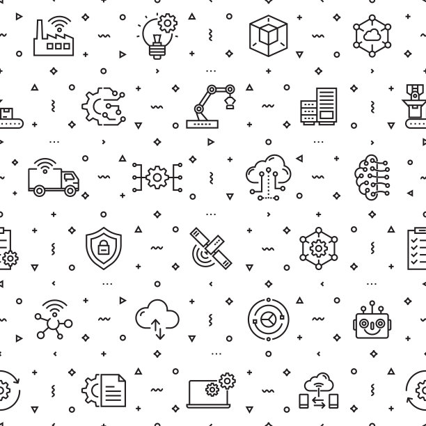 为工业4.0设计模板和元素的向量集流行的线性风格-无缝模式与与工业4.0相关的线性图标-向量图片下载