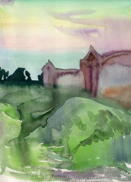 古堡修道院城墙林立，塔身有高高的山墙屋顶。复古水彩日落景观图片下载