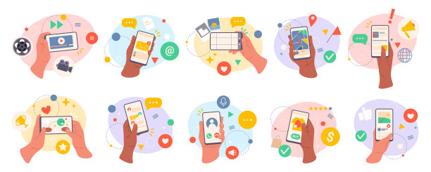 手持智能手机与教育和娱乐应用程序，平面卡通矢量插图集。孤立的屏幕与视频和时间表日历，游戏和画廊图片下载