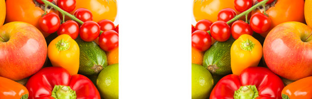 蔬菜和水果孤立在白色。宽照片。文本的自由空间。拼贴画。图片下载