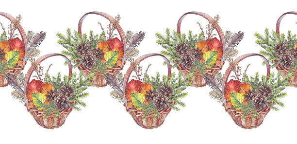 无缝边缘与水彩棕色柳条篮与秋叶和松果和冷杉在白色的背景。手绘艺术庆祝框架。墙纸或厨房包装的边框图片下载