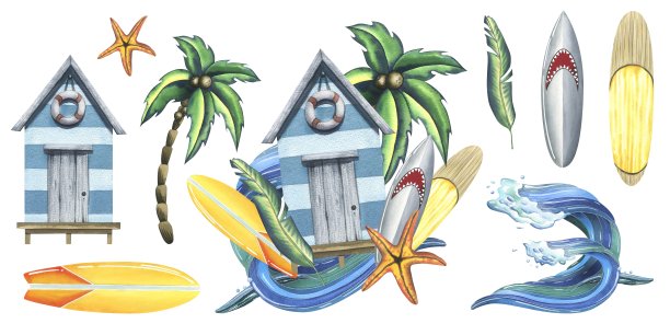 夏季集木制海滩小屋蓝色条纹与冲浪板，棕榈树，海浪。明亮的手绘水彩插图贴纸，海报，印刷品，旅游。白色背景上的物体。图片下载