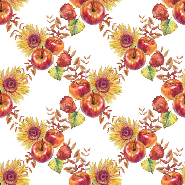 无缝图案与秋天向日葵和苹果花束。水彩手绘叶子在白色的背景。森林自然植物的叶子。艺术万圣节墙纸包装或速写本图片下载