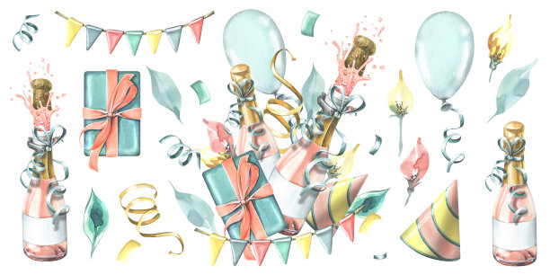 节日生日的组成和香槟，气球，礼盒，旗帜，鲜花和帽子的元素。水彩插图，手绘贴纸，卡片，海报。在白色的背景上。图片下载