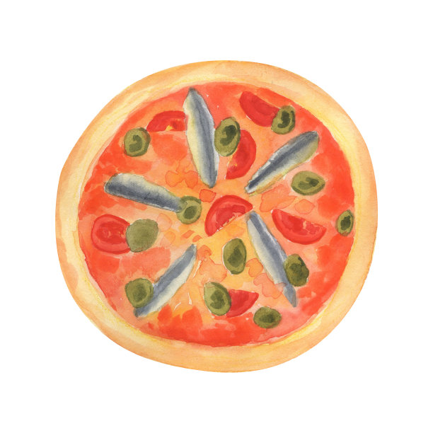 鳀鱼披萨。水彩手绘插图孤立在白色图片下载