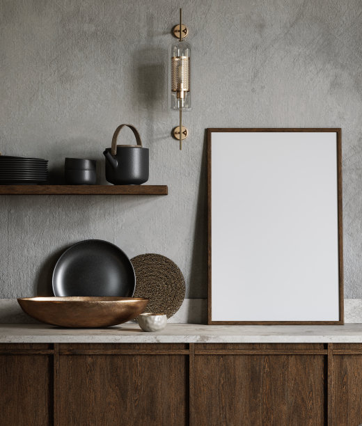 灰色的厨房内部有石材台面，灰泥墙，空白框架和装饰和框架。3d渲染插图模型。图片下载