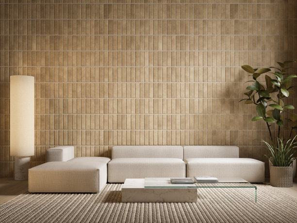 当代极简主义室内与瓷砖墙，沙发，咖啡桌和装饰。3d渲染插图模型。图片下载