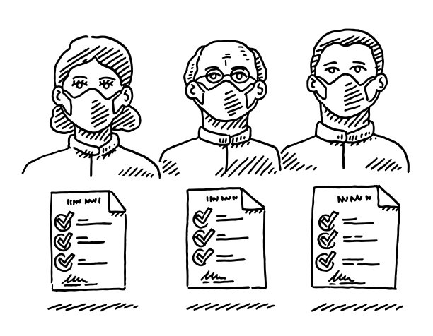 三个戴污染口罩的人及检查清单文件绘制图片下载