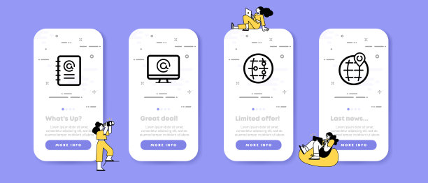 通讯方式设置图标。通讯录，电脑，邮件，电子邮件，在线，全球，列表，地图。网络的概念。UI手机应用屏幕与人。矢量线图标的业务和广告图片下载