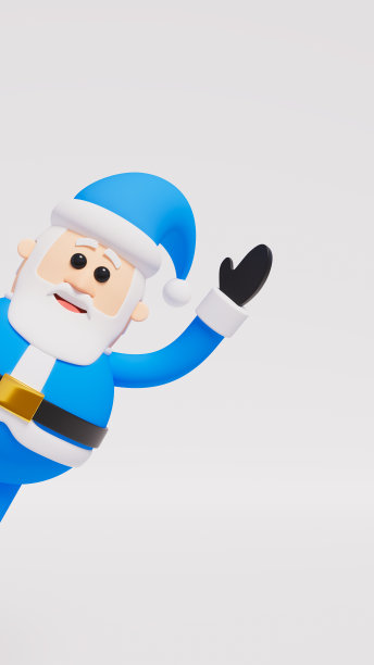 身穿蓝色套装的圣诞老人从左边出来，在白色的舞台上迎接，圣诞和欢乐的主题图片下载