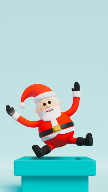 一个快乐的圣诞老人跳出烟囱在蓝色的舞台上，节日和圣诞的主题图片下载
