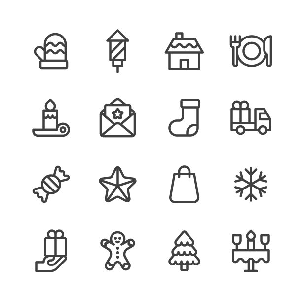 圣诞行图标。可编辑的笔画，包含蜡烛，糖果，圣诞树，送货，晚餐，烟花，礼物，礼物赠与，姜饼，赠与，手套，贺卡，小屋，包裹，圣诞老人，购物袋，雪橇，袜子，星星。图片下载