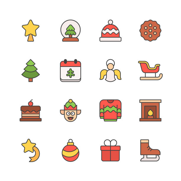 圣诞节的颜色图标。可编辑的笔画，包含天使，伯利恒之星，蛋糕，日历，圣诞球，圣诞帽，圣诞星，圣诞树，饼干，精灵，壁炉，礼物，溜冰鞋，雪橇，雪球，毛衣等图标。图片下载