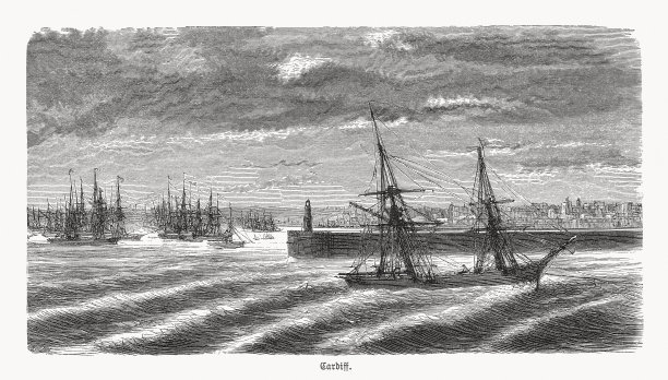 英国威尔士加的夫的历史观，木刻，1893年出版图片下载